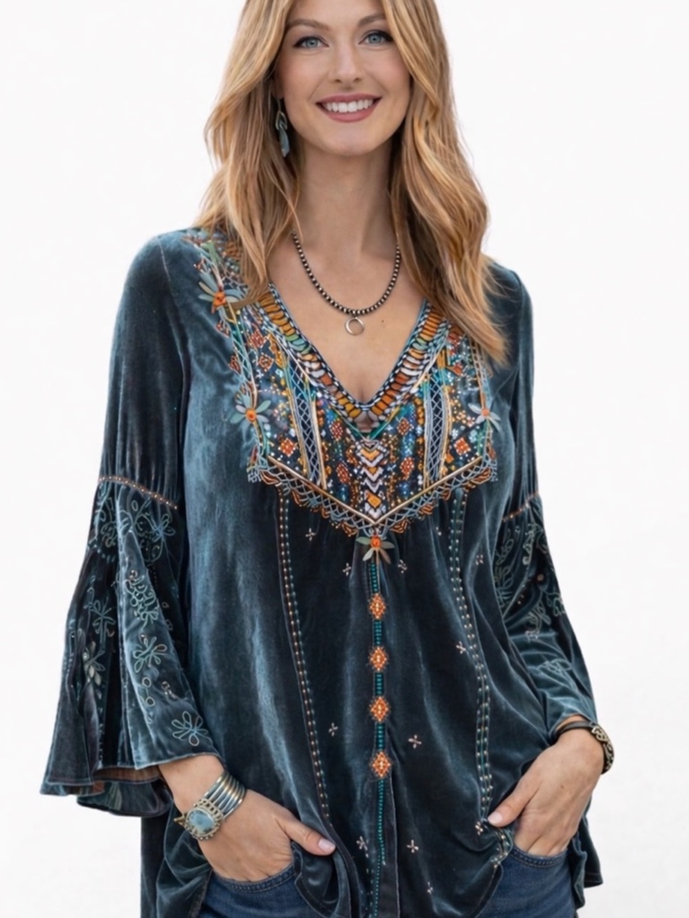 Johnny Was Chiri heavily embroidered velvet swing blouse RARE color